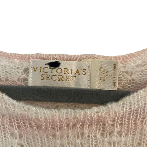 Victorias Secret Pink Striped Open Knit Cropped Short Sleeve Sweater Top Size L - Picture 2 of 4